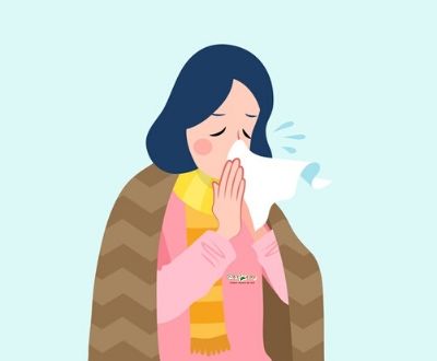 [ILLUSTRAZIONE] Donna con raffreddore soffia il naso con un fazzoletto di carta